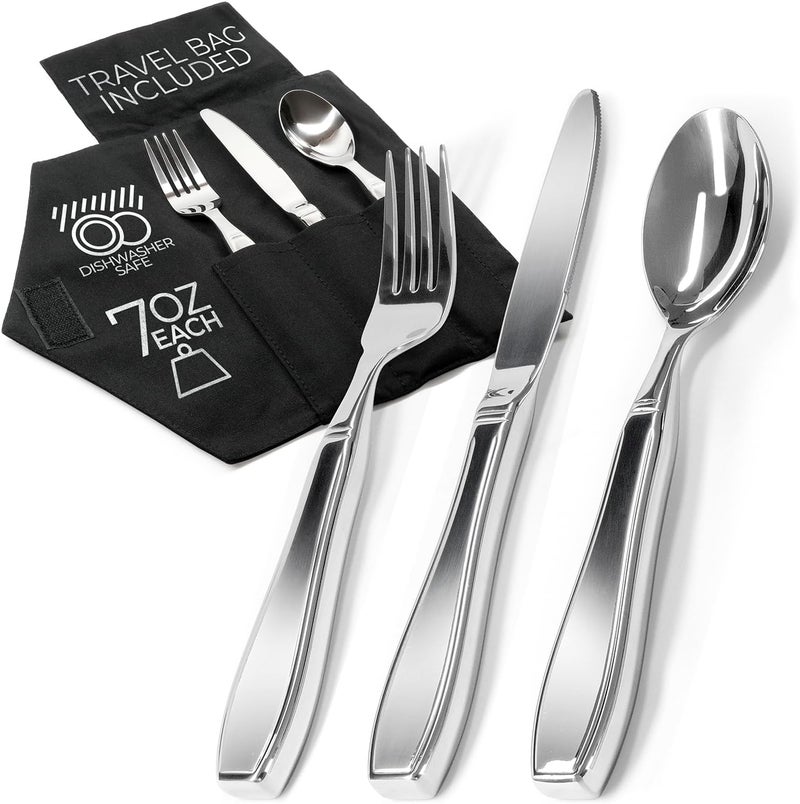 Shop Square Weighted Utensils for Hand Tremors and Parkinson's Patients - 3 Piece Set Weighted Silverware for Elderly, Arthritis, Weak Hand Grip - Convenient Travel Bag, Stainless Steel, 7 Oz - Image 1